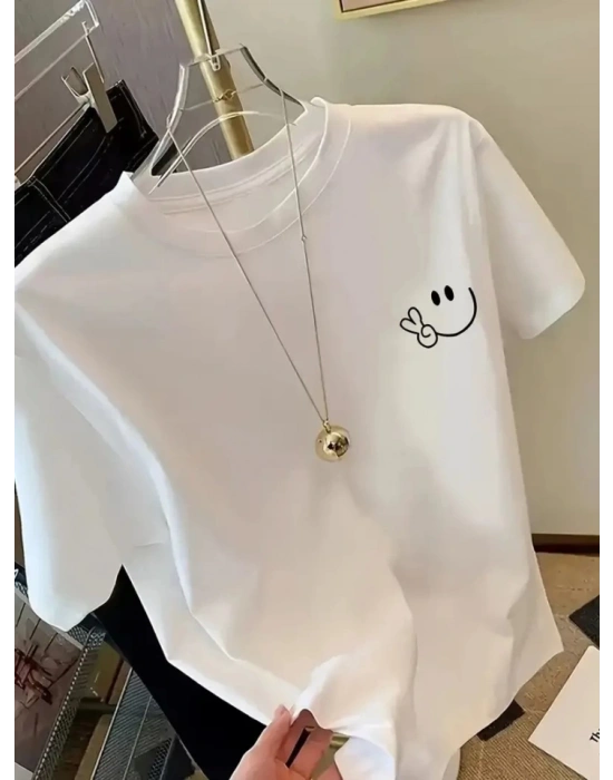 Baskılı Oversize Bisiklet Yaka Tshirt  Beyaz