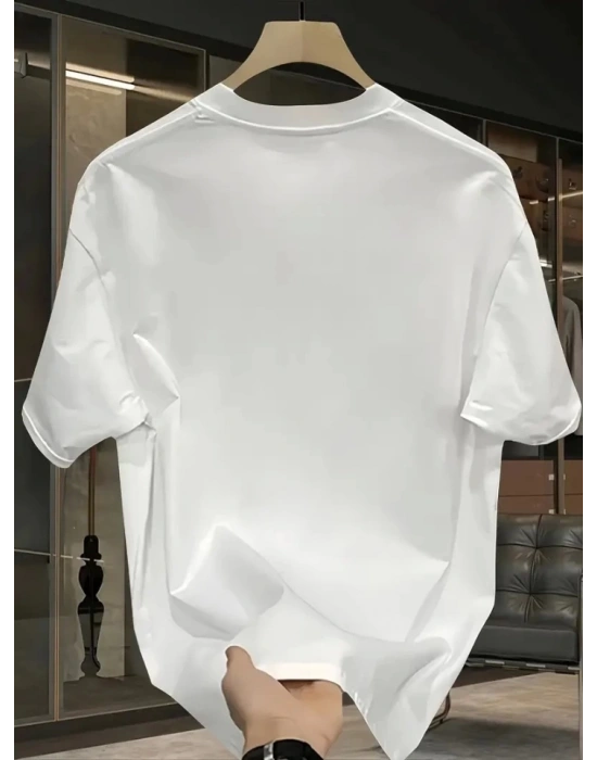 Baskılı Oversize Bisiklet Yaka Tshirt  Beyaz