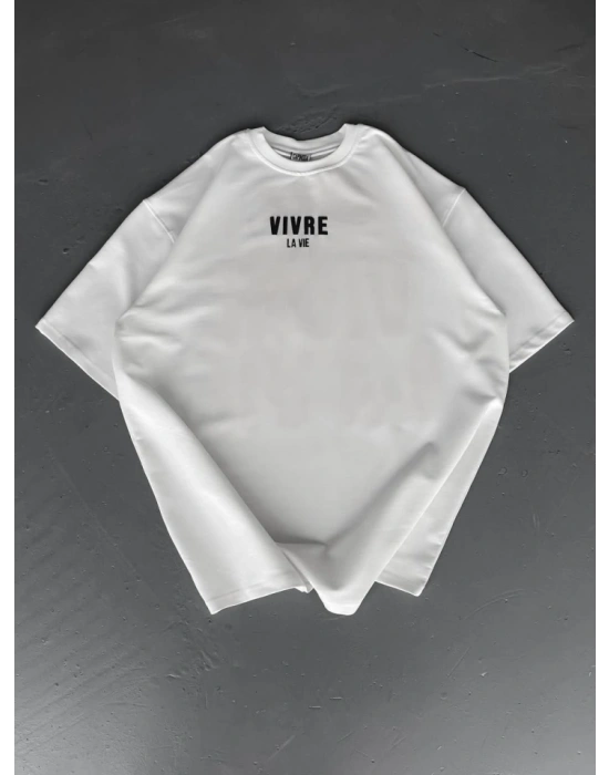 Baskılı Oversize Bisiklet Yaka Tshirt  Beyaz