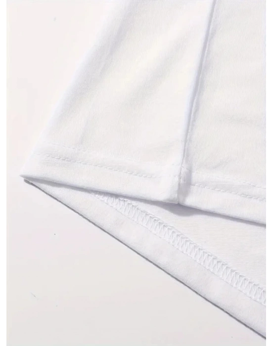 Baskılı Oversize Bisiklet Yaka Tshirt  Beyaz