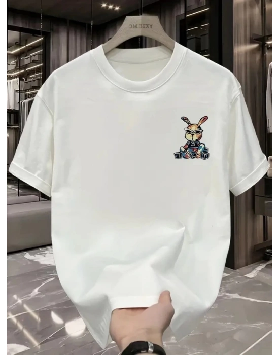 Baskılı Oversize Bisiklet Yaka Tshirt  Beyaz