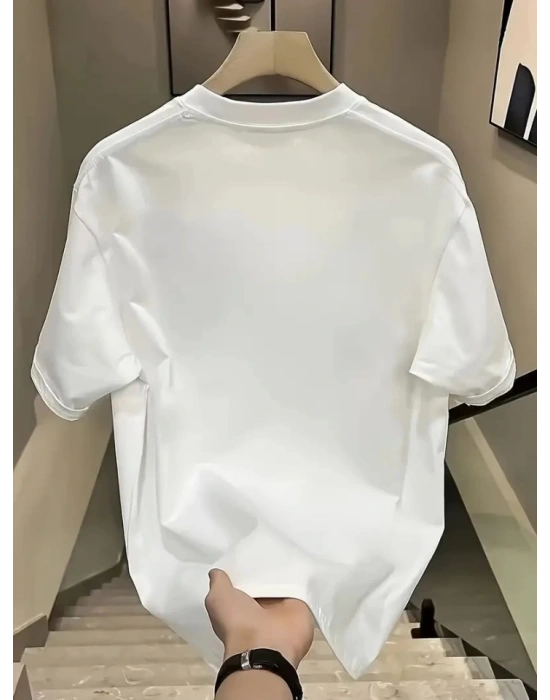 Baskılı Oversize Bisiklet Yaka Tshirt  Beyaz