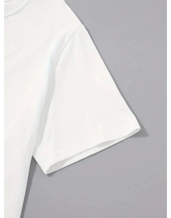 Baskılı Oversize Bisiklet Yaka Tshirt  Beyaz