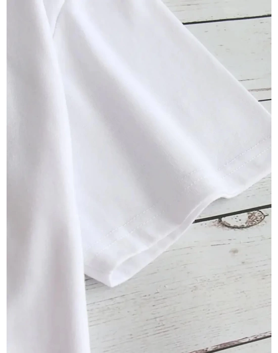 Baskılı Oversize Bisiklet Yaka Tshirt  Beyaz