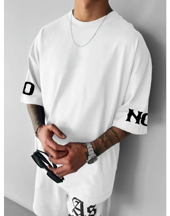 Baskılı Oversize Bisiklet Yaka Tshirt  Beyaz