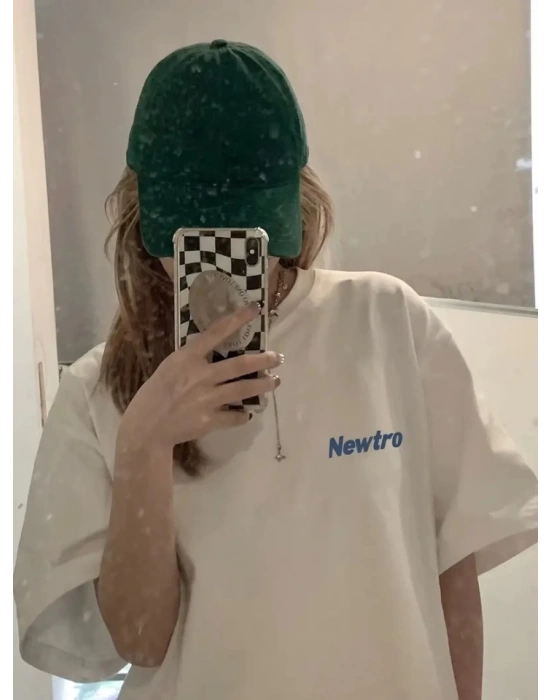 Baskılı Oversize Bisiklet Yaka Tshirt  Beyaz