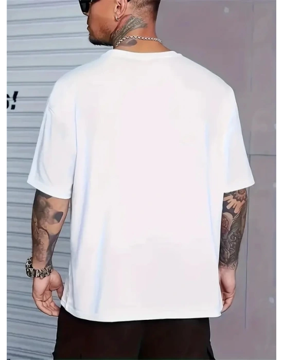 Baskılı Oversize Bisiklet Yaka Tshirt  Beyaz
