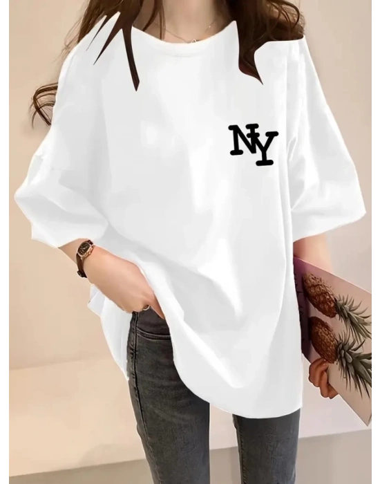 Baskılı Oversize Bisiklet Yaka Tshirt  Beyaz