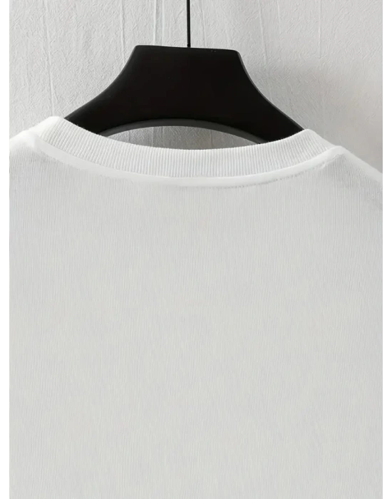 Baskılı Oversize Bisiklet Yaka Tshirt  Beyaz