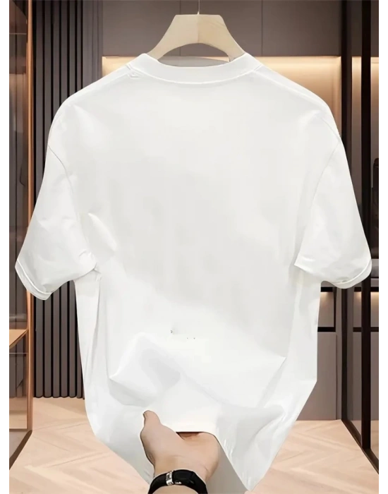 Baskılı Oversize Bisiklet Yaka Tshirt  Beyaz