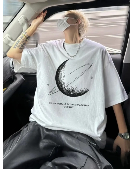 Baskılı Oversize Bisiklet Yaka Tshirt  Beyaz