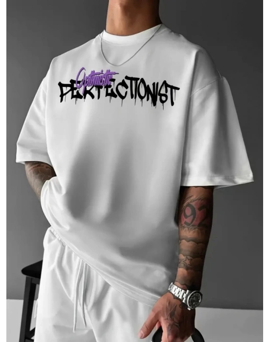 Baskılı Oversize Bisiklet Yaka Tshirt  Beyaz