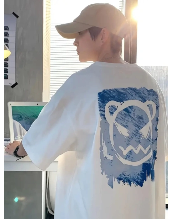 Baskılı Oversize Bisiklet Yaka Tshirt  Beyaz