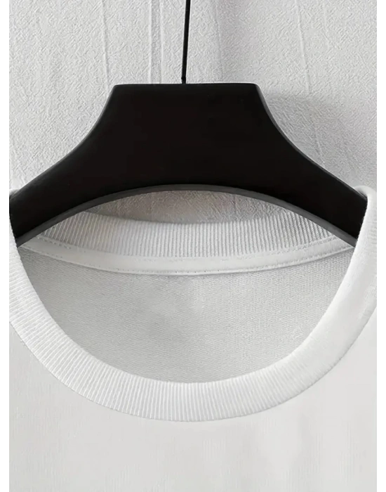 Baskılı Oversize Bisiklet Yaka Tshirt  Beyaz