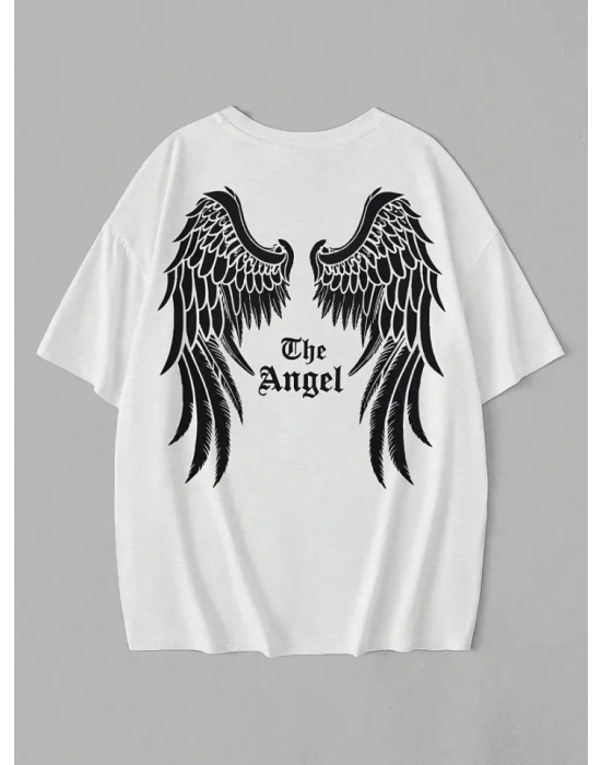 Baskılı Oversize Bisiklet Yaka Tshirt  Beyaz