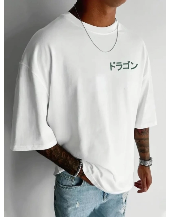 Baskılı Oversize Bisiklet Yaka Tshirt  Beyaz