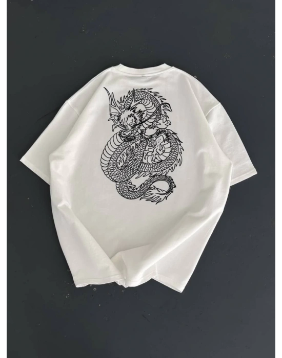 Baskılı Oversize Bisiklet Yaka Tshirt  Beyaz