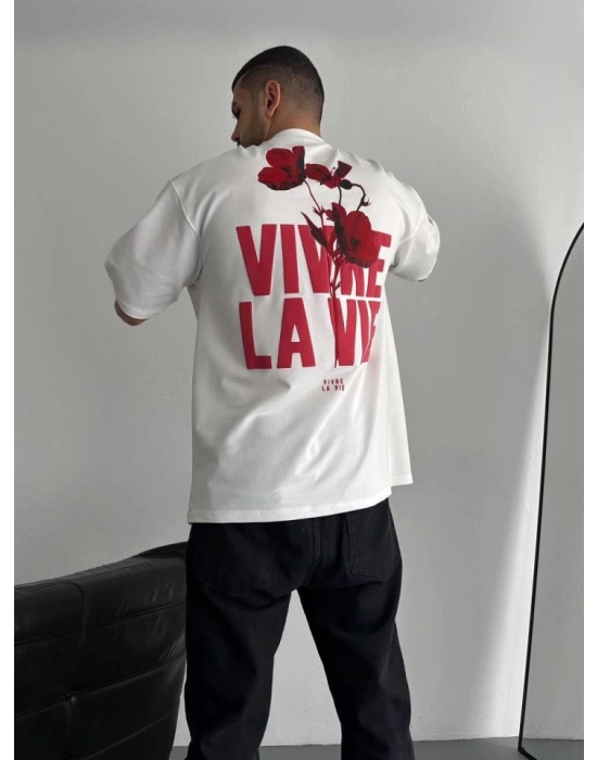 Baskılı Oversize Bisiklet Yaka Tshirt  Beyaz