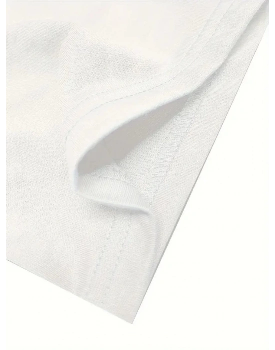 Baskılı Oversize Bisiklet Yaka Tshirt  Beyaz