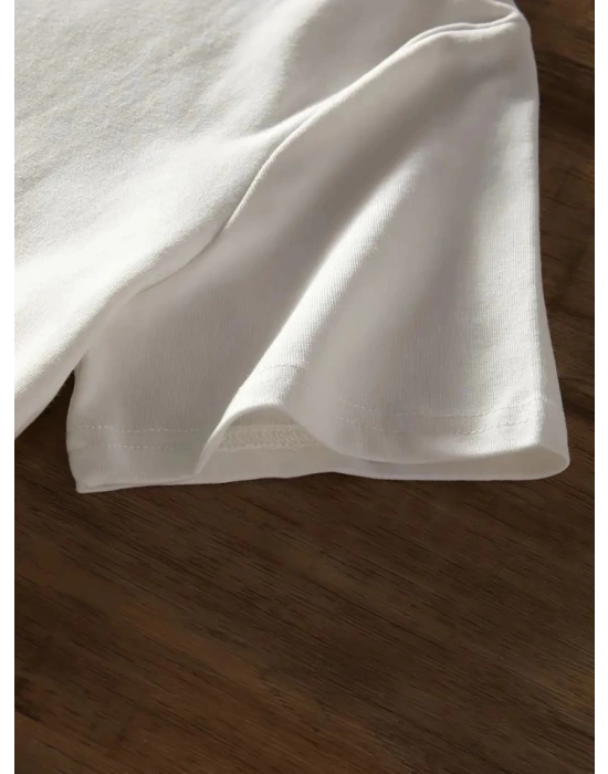 Baskılı Oversize Bisiklet Yaka Tshirt  Beyaz