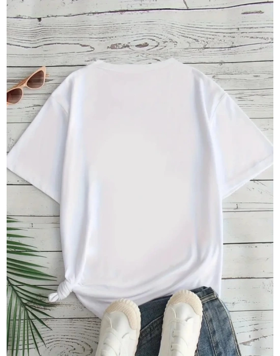 Baskılı Oversize Bisiklet Yaka Tshirt  Beyaz