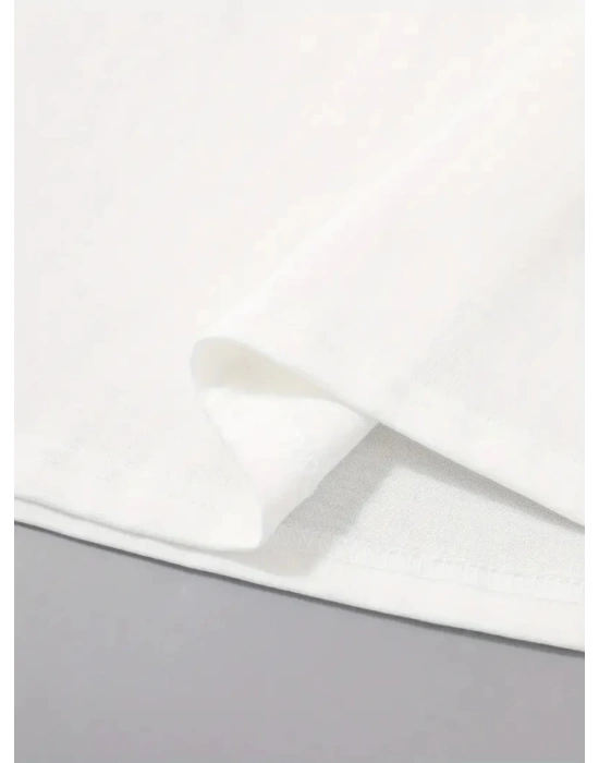 Baskılı Oversize Bisiklet Yaka Tshirt  Beyaz