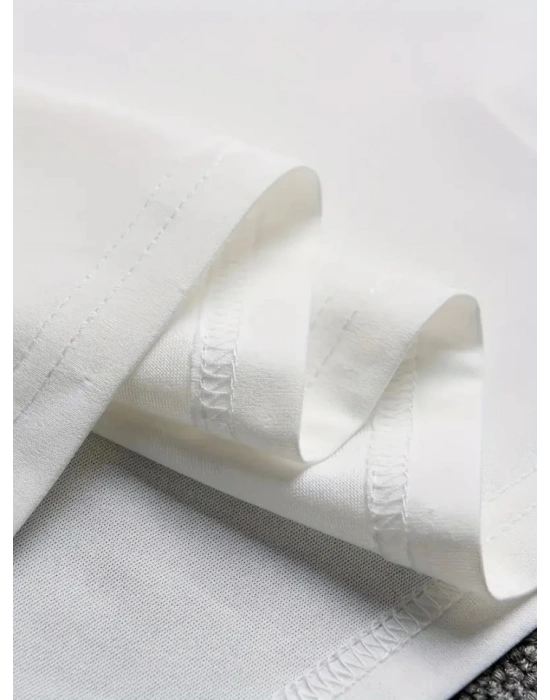 Baskılı Oversize Bisiklet Yaka Tshirt  Beyaz