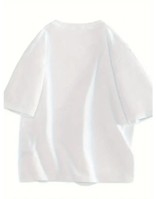 Baskılı Oversize Bisiklet Yaka Tshirt  Beyaz