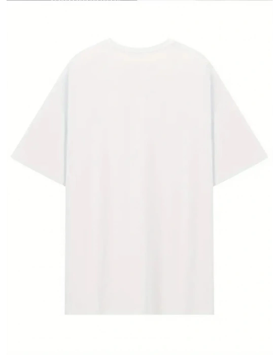 Baskılı Oversize Bisiklet Yaka Tshirt  Beyaz