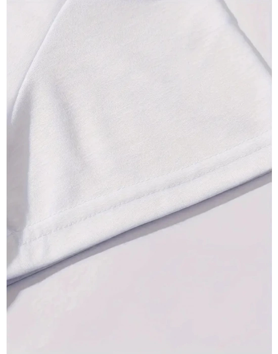 Baskılı Oversize Bisiklet Yaka Tshirt  Beyaz