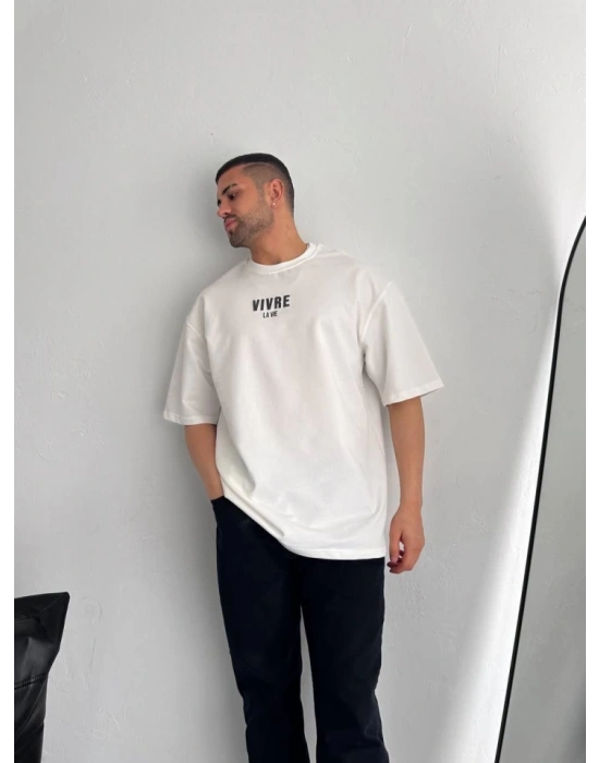 Baskılı Oversize Bisiklet Yaka Tshirt  Beyaz