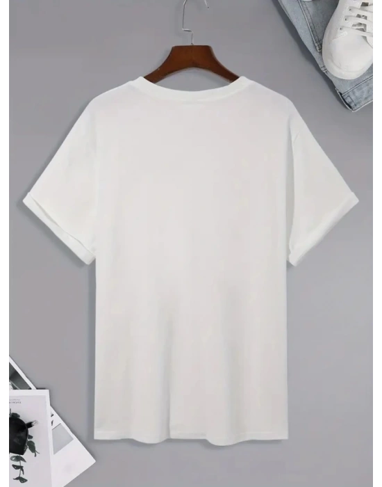 Baskılı Oversize Bisiklet Yaka Tshirt  Beyaz