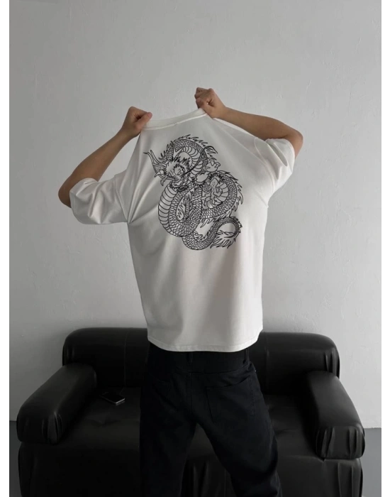 Baskılı Oversize Bisiklet Yaka Tshirt  Beyaz