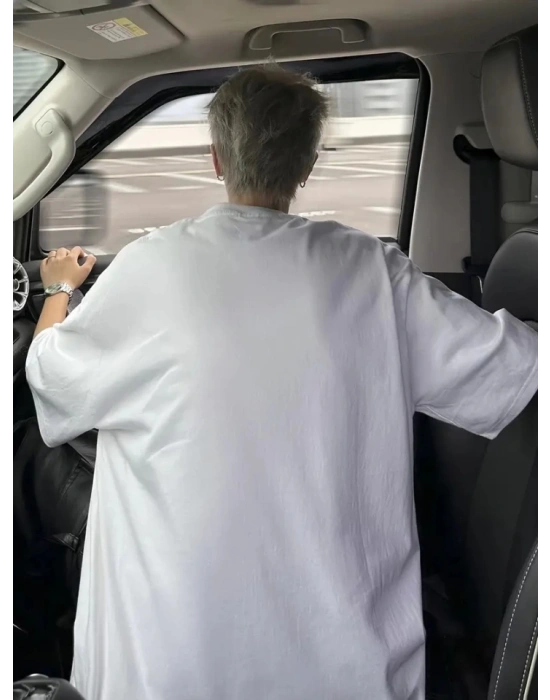 Baskılı Oversize Bisiklet Yaka Tshirt  Beyaz