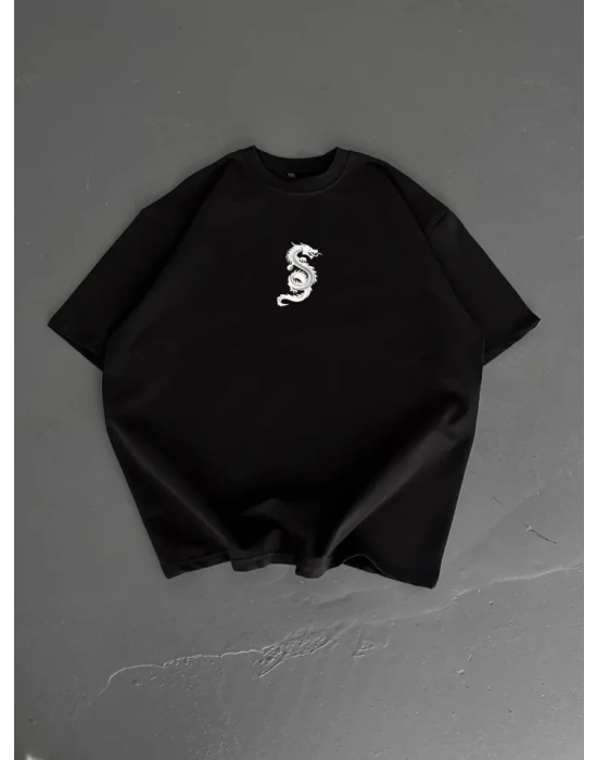 Baskılı Oversize Bisiklet Yaka Tshirt  iyah