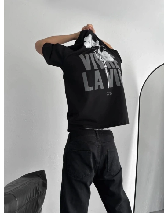 Baskılı Oversize Bisiklet Yaka Tshirt  iyah