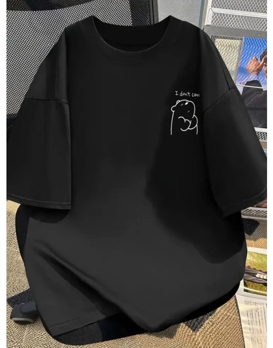 Baskılı Oversize Bisiklet Yaka Tshirt  iyah