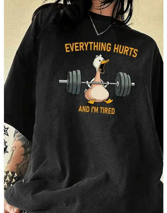 Baskılı Oversize Bisiklet Yaka Tshirt  iyah