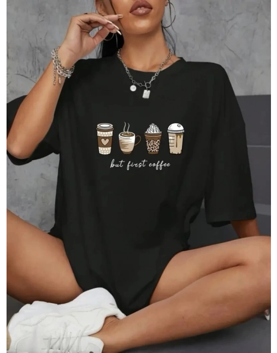 Baskılı Oversize Bisiklet Yaka Tshirt  iyah