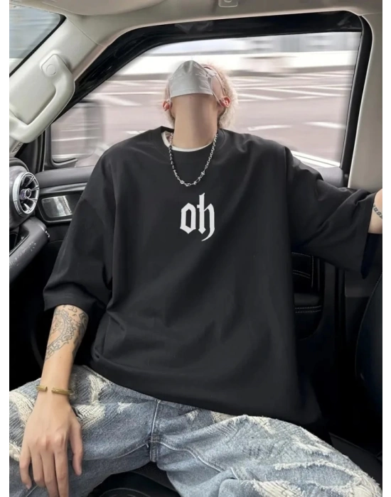 Baskılı Oversize Bisiklet Yaka Tshirt  iyah