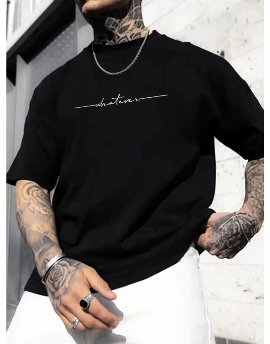 Baskılı Oversize Bisiklet Yaka Tshirt  iyah