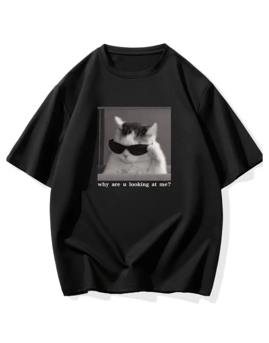 Baskılı Oversize Bisiklet Yaka Tshirt  iyah