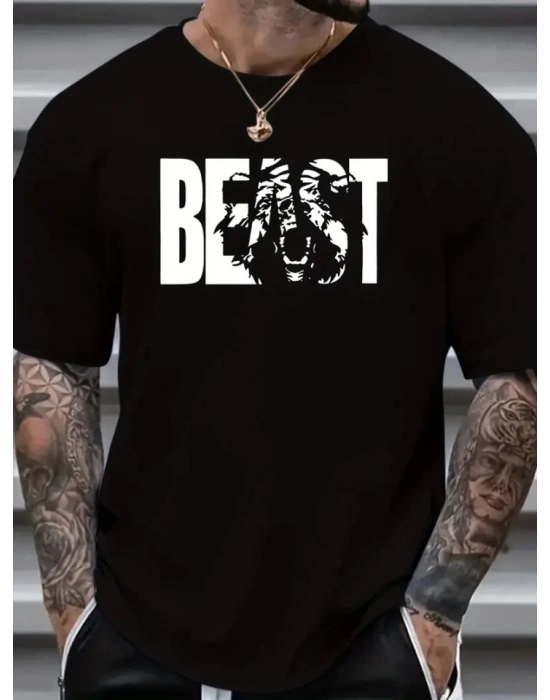 Baskılı Oversize Bisiklet Yaka Tshirt  iyah