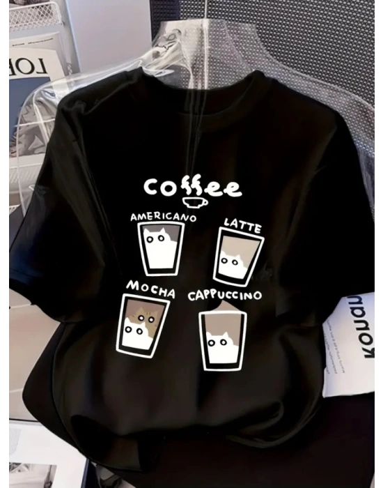 Baskılı Oversize Bisiklet Yaka Tshirt  iyah