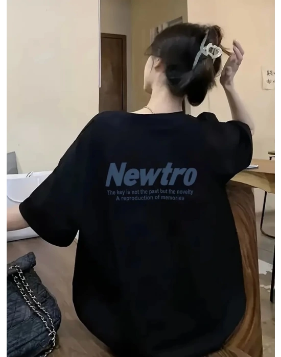 Baskılı Oversize Bisiklet Yaka Tshirt  iyah