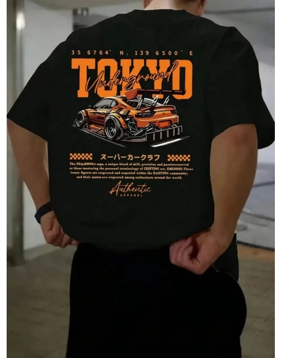 Baskılı Oversize Bisiklet Yaka Tshirt  iyah