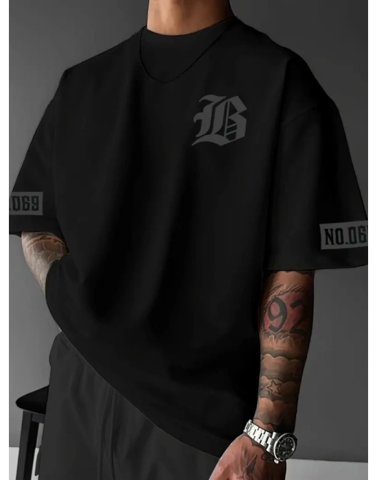 Baskılı Oversize Bisiklet Yaka Tshirt  iyah