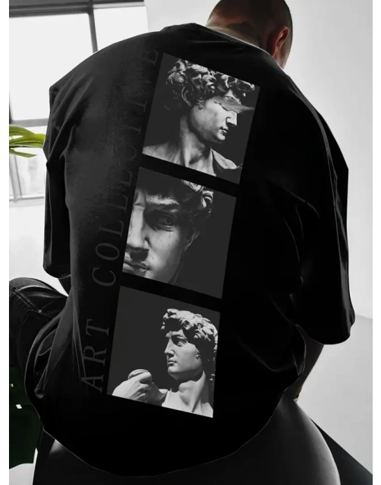 Baskılı Oversize Bisiklet Yaka Tshirt  iyah