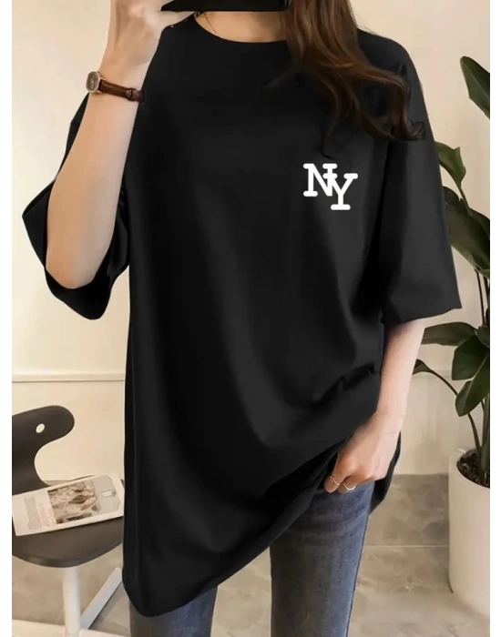 Baskılı Oversize Bisiklet Yaka Tshirt  iyah