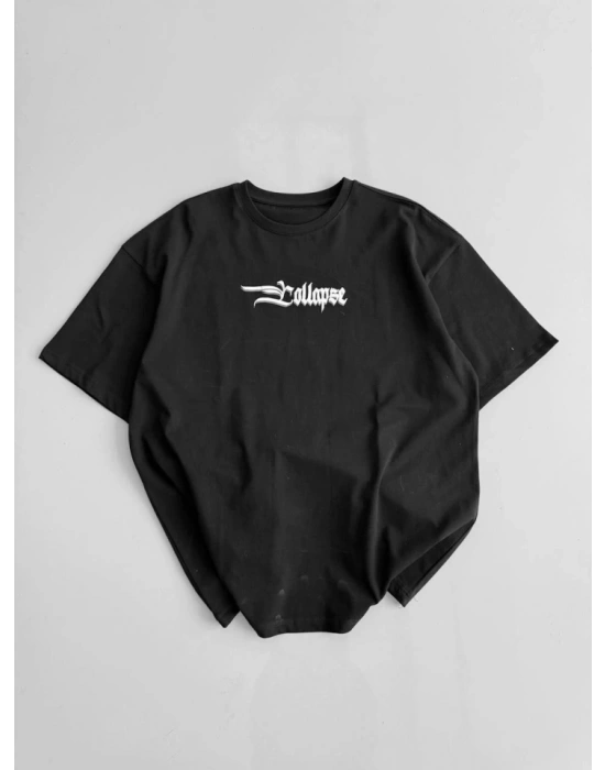 Baskılı Oversize Bisiklet Yaka Tshirt  iyah